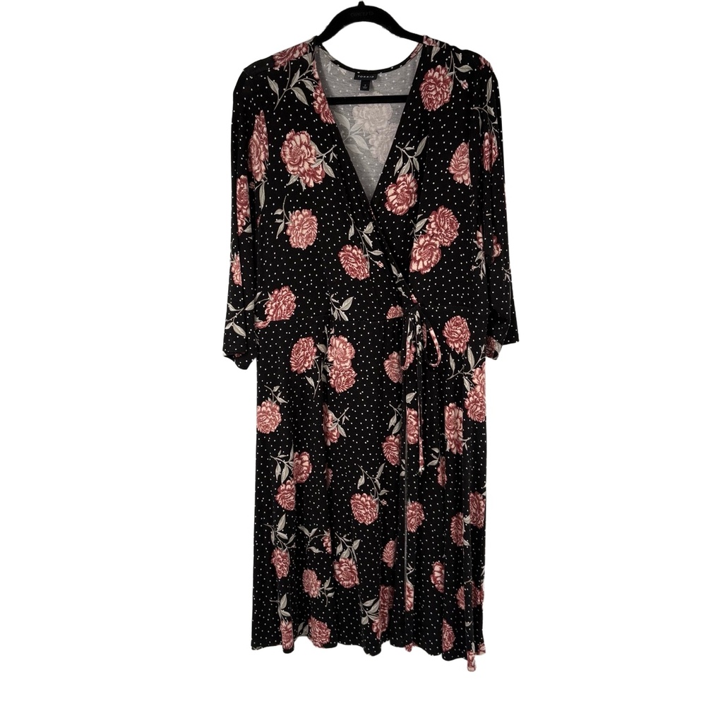 TORRID Faux Wrap Dress Womens 2X Black Pink Floral Polka Dot V Neck Boho‎ Chic